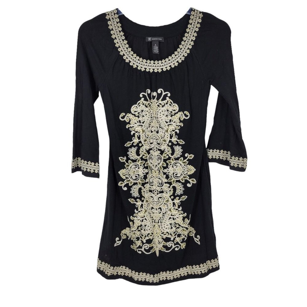 INC International Concepts Black Bell Sleeve Embroidered Dress Scoop Neck Medium